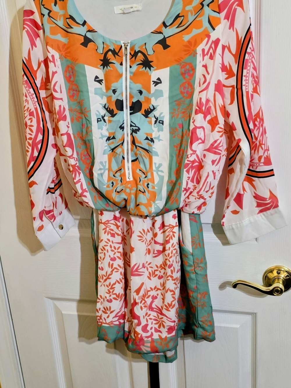 Women's Orange & Teal Floral Zip-Front Romper